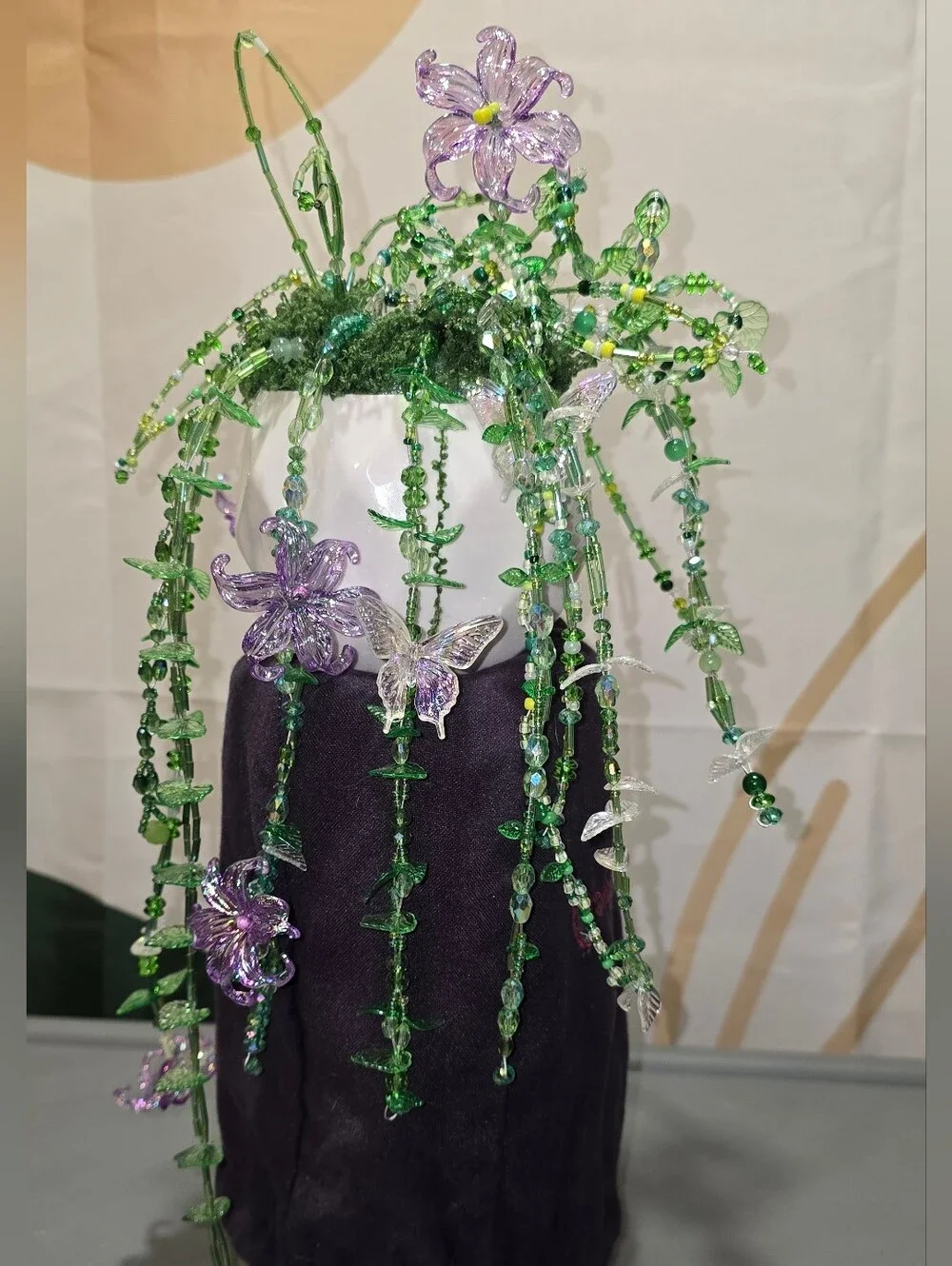 Handmade Glass Bead Floral Hanging Accent - Green and Purple